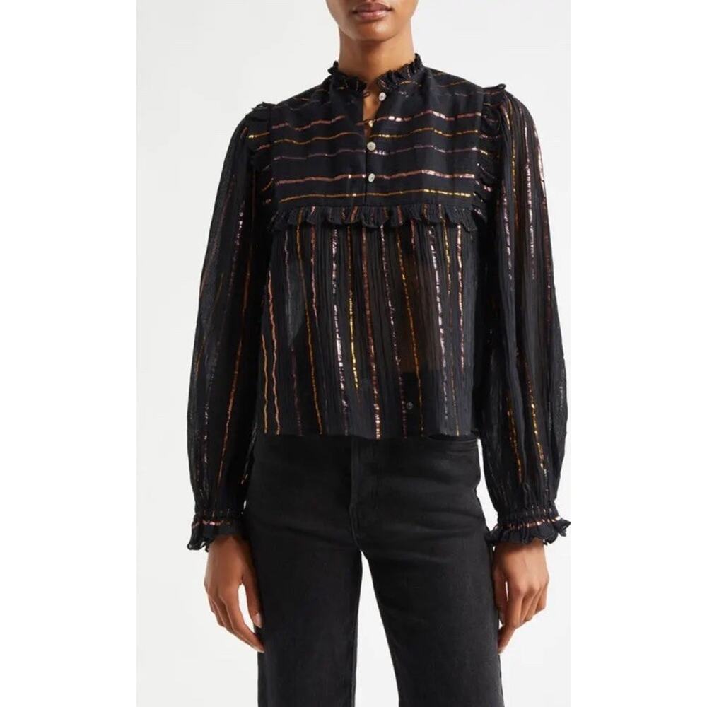 FARM RIO Ruffles Black Metallic Multi Colored Striped Women's Blouse size XS